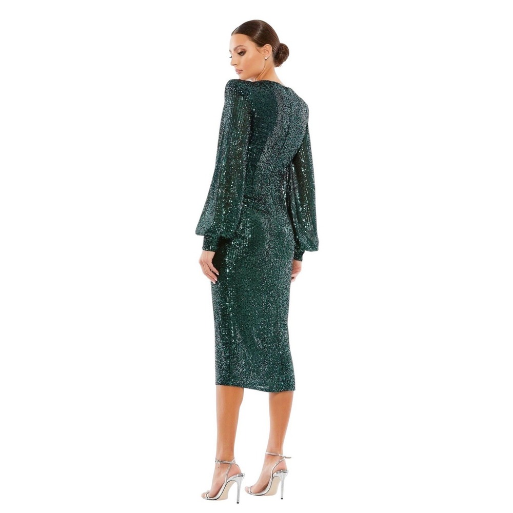 Mac Duggal 26866 Emerald Green Sequin Long Sleeve Plunge Midi Dress Size 6 $398 - Picture 2 of 7